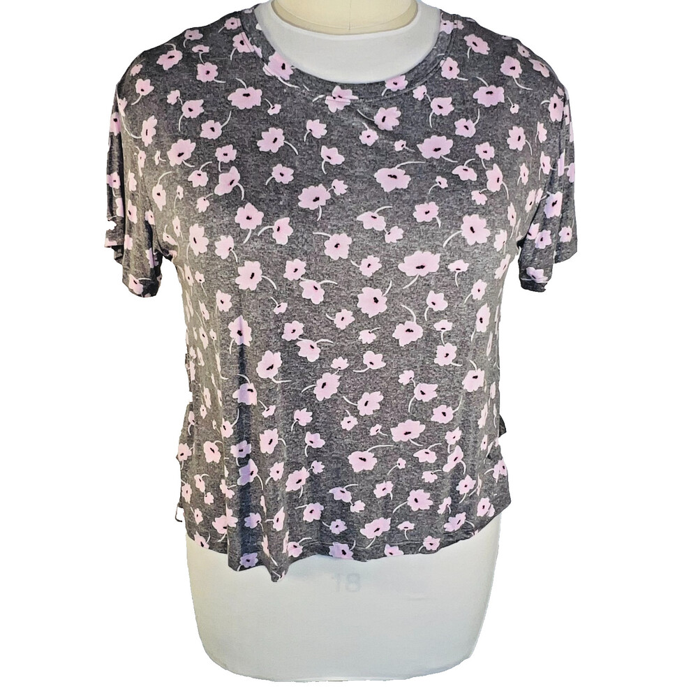 Joyspun - Women's XL Tee Shirt Grey Pink Floral Short Sleeve Round Neck